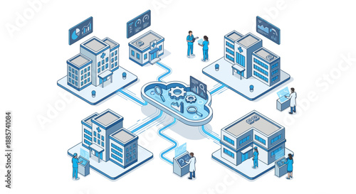 Isometric Medical SaaS Platform Connecting Multiple Hospitals and Clinics via Cloud Network, Healthcare Data Analytics and Patient Management System Vector Illustration