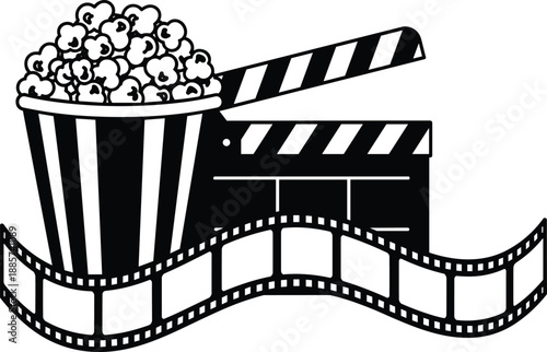 Cinema icon set, popcorn clapperboard and film reel sketch for movie entertainment and production themes - flat vector illustration