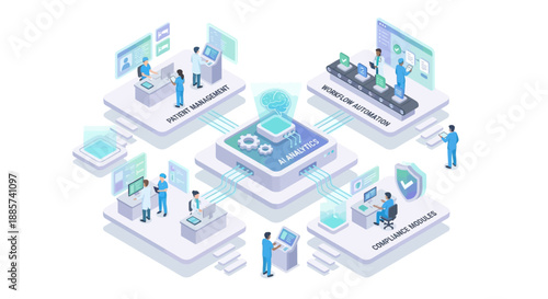 Isometric Medical SaaS Platform for Healthcare AI Analytics and Patient Management. Digital Hospital Workflow Automation and Data Compliance Illustration with Doctors and Nurses.