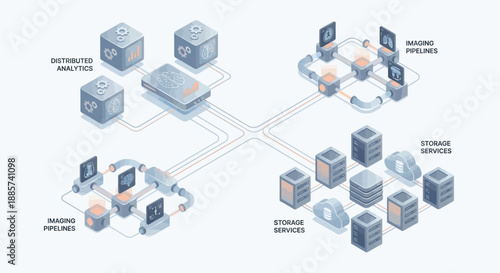 Isometric Medical SaaS Infrastructure Illustration for Healthcare Data Management, Imaging Pipelines, Distributed Analytics, and Cloud Storage Services