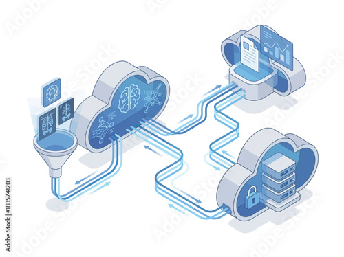 Isometric Healthcare Cloud Computing Platform for Medical Data Analysis, AI Diagnostics, and Secure Patient Records Management in Blue Vector Style