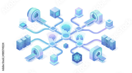 Isometric Healthcare SaaS Platform with MRI Scanners, AI Brain Diagnostics, and Cloud Data Server Network for Digital Medical Technology and Hospital Management Systems