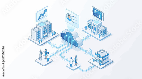 Isometric Medical SaaS and Hospital Management Network with Cloud Computing Data Analytics and Healthcare Professional Icons in Blue Line Art Style