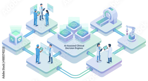 Isometric Medical SaaS Platform with AI-Assisted Clinical Decision Engines, Doctors, MRI Scanner, and Robotic Surgery, Digital Healthcare Technology for Professional Web Design and Presentations