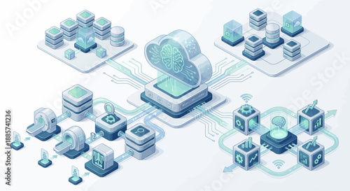 Isometric 3D Medical SaaS Platform for AI Healthcare Diagnostics, Cloud Computing Infrastructure with MRI Scans and Brain Data Analytics, Modern Teal Digital Health Technology Illustration