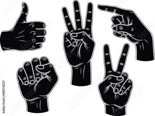 Hand gesture icon set, expressive black and white sketch of symbolic finger signs and poses - flat vector illustration