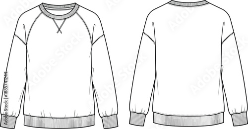 Crewneck sweatshirt front and back view technical fashion illustration casual raglan sleeve pullover outline vector apparel design isolated modern unisex clothing template