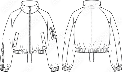 Cropped bomber jacket front and back view technical fashion illustration zip up casual outerwear outline vector womens apparel design isolated