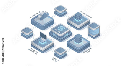 Isometric Medical SaaS Infrastructure with AI Core and Cloud Storage for Digital Healthcare Data Management, 3D Radiology Workstation and Patient Record Network Illustration on White Background