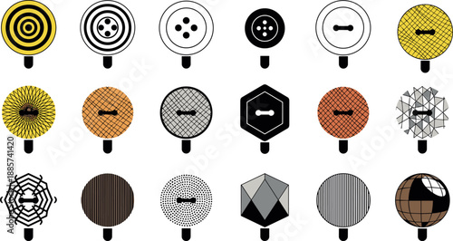 Decorative button icon collection illustration with geometric patterns, colorful textures, and various shapes, modern sewing and fashion accessory design set
