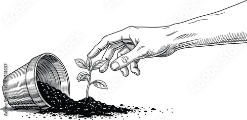 Hand nurturing plant from spilled soil, symbolic growth and care sketch in black and white - flat vector illustration