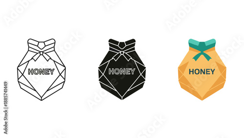 Three honey jar illustrations in white black and orange with green ribbon on white background