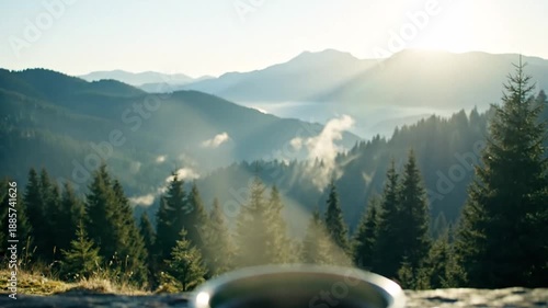 Steaming Coffee Mug in a Mountain Landscape, relaxation lifestyle concept