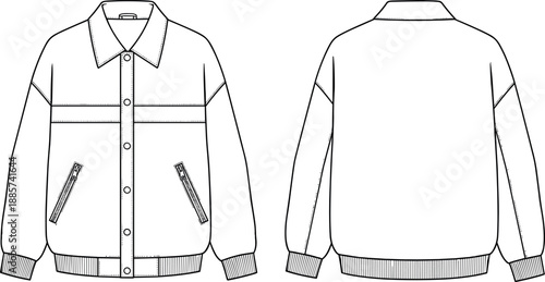 Front and back view bomber jacket technical fashion illustration modern casual outerwear outline vector apparel design isolated on white