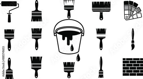 Painting and decorating icon set, tools and symbols for design, construction, and artistic work - flat vector illustration