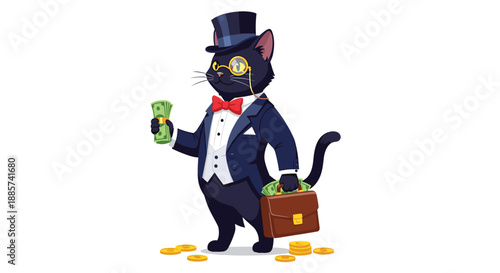 Sophisticated black cat elegantly dressed in a top hat, monocle, and tuxedo, holding money and a briefcase, epitomizing wealth, class, and financial success.