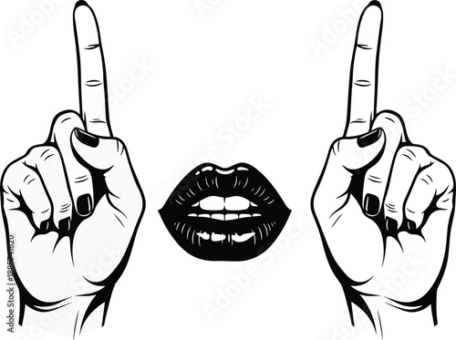 Talking hands and mouth sketch, expressive gesture symbol with bold lines and finger pose detail - flat vector illustration