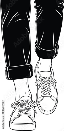 Walking feet sketch, cuffed pants and sneakers in motion, black and white line drawing - flat vector illustration
