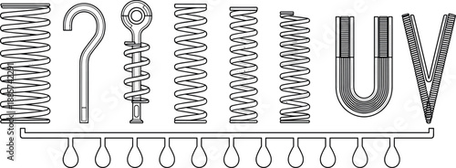 Metal spring and hook collection technical engineering illustration industrial coil tension components set mechanical hardware elements isolated on white