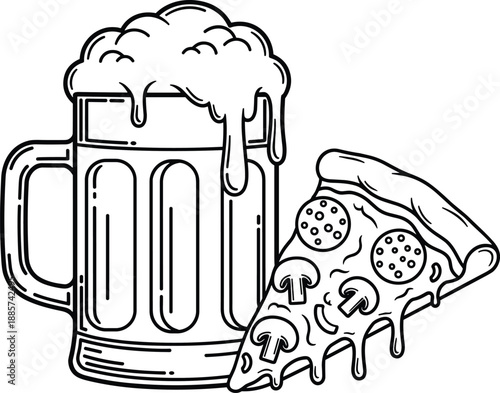 Beer mug and pizza slice sketch, classic comfort food combo in black and white line art - flat vector illustration