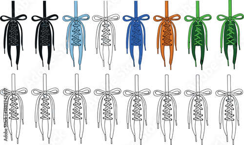 Shoe lace tying styles illustration set showing colorful and outline variations, different bow knots and lacing methods for footwear design reference