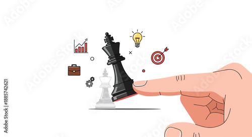 Decisive finger flicking a chess king, symbolizing a strategic checkmate or a pivotal business decision, surrounded by icons of ideas, goals, and growth.