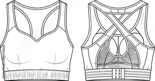 Sports bra front and back view technical fashion illustration supportive activewear outline vector womens fitness apparel design workout training gym wear isolated