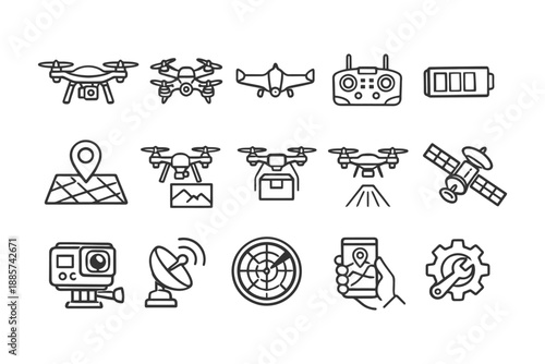 Drone technology icons set featuring aerial, gps, and maintenance symbols.