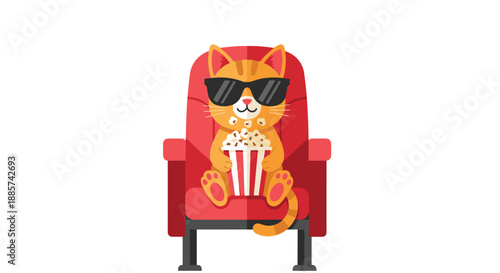Adorable cartoon cat in cool sunglasses happily enjoying popcorn while seated comfortably in a cinema chair, portraying a fun and relaxing movie-watching experience.