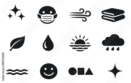 Solid icon set featuring abstract elements, nature symbols, and status indicators for universal design