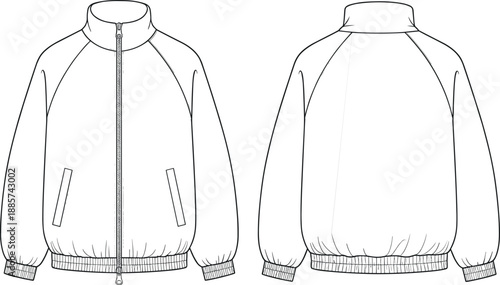 Zip up bomber jacket front and back view technical fashion illustration modern casual outerwear outline vector apparel design isolated