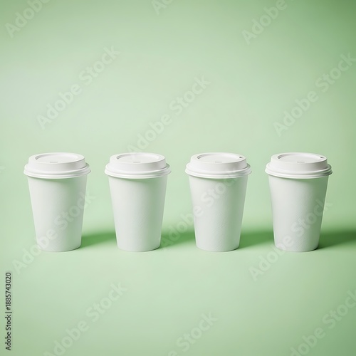 Wallpaper Mural Mockup of four white disposable cups with lids on light green background for design and branding purposes Torontodigital.ca