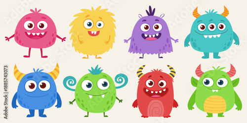Cute Colorful Cartoon Monsters Set. Funny Friendly Fantasy Creatures, Kids Characters. Flat Vector Illustration Collection.