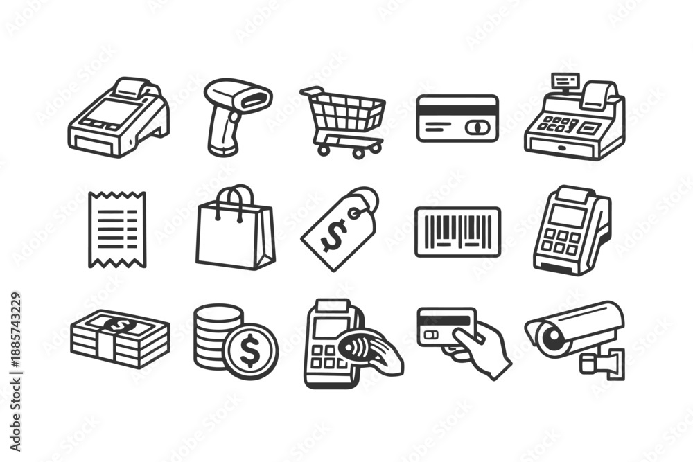 Fototapeta premium Retail shopping icons: pos, barcode, credit cards, security, cash, tags.