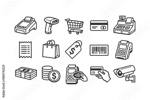 Retail shopping icons: pos, barcode, credit cards, security, cash, tags.