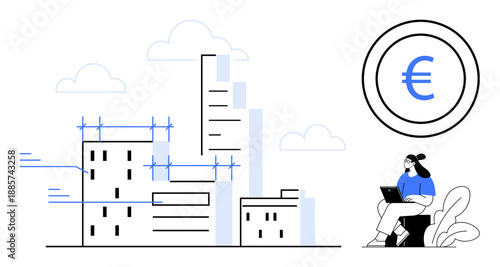 Real estate development. A cityscape under construction with Euro currency highlighting financial concepts. Real estate links property, economy, investment, and urban trends. include construction