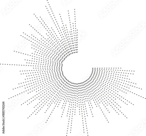 Very long irregular rays around circle missing one quarter.