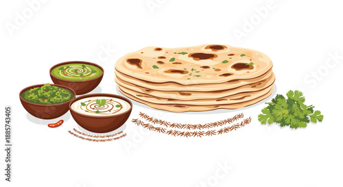Delicious stack of traditional Indian flatbread (roti or chapati) served with an assortment of flavorful dips and fresh cilantro, representing authentic Asian cuisine.