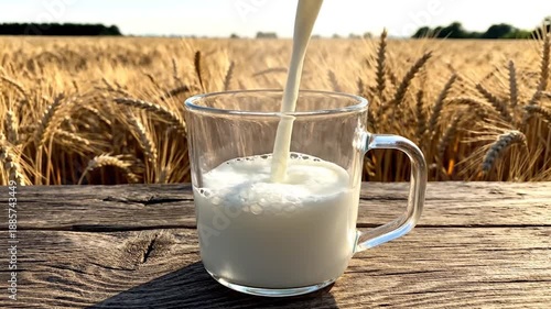 Fresh Milk Pouring into a Glass in a Golden Wheat Field, farm fresh dairy concept