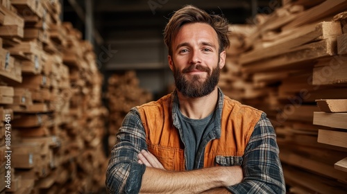 A confident man poses in a woodworking warehouse surrounded by stacks of timber, radiating pride and skill in his craftsmanship amidst a backdrop of supplies and tools.