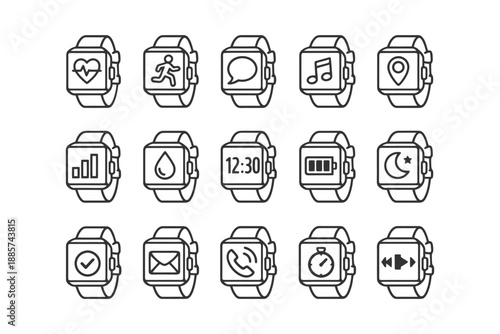 Smartwatch icons set: fitness, music, navigation, communication.