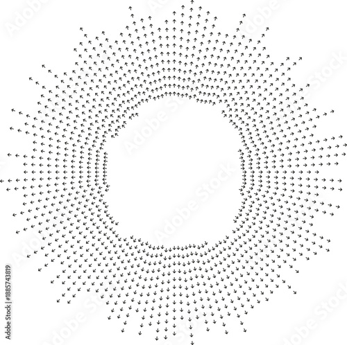 Rays taper outward in circular irregular pattern.