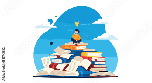 Reflective student sitting atop a towering pile of books, deep in thought, with a glowing lightbulb symbolizing a brilliant idea, representing profound learning and intellectual growth.