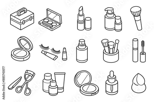 Outline icons of makeup tools and cosmetics collection.