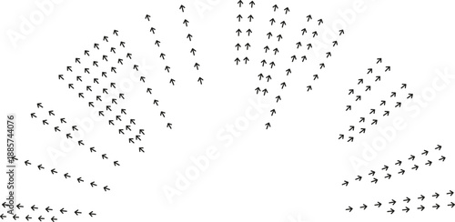 Semicircular rays bend inward at ends.