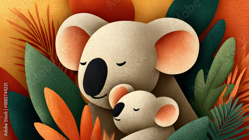 Illustration of a koala mother and baby nestled among vibrant tropical leaves in warm colors, showcasing a cozy and nurturing scene with a playful design