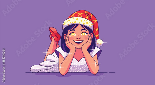 Cheerful girl in Santa hat with glowing eyes lying on purple