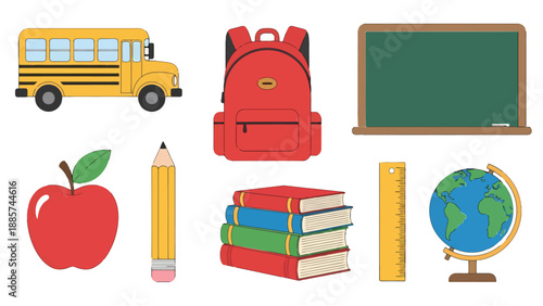 Essential School Supplies Collection Bus Backpack Books Apple Pencil Ruler Globe Blackboard Illustration.