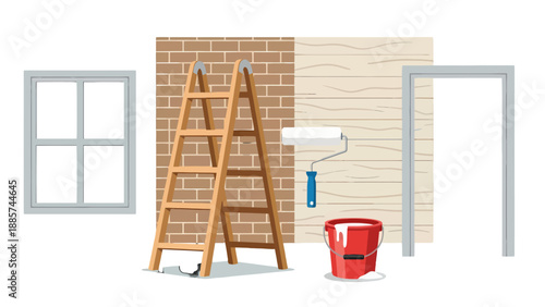 Flat illustration of home renovation scene featuring a wooden ladder paint roller red bucket brick wall and wood paneling.