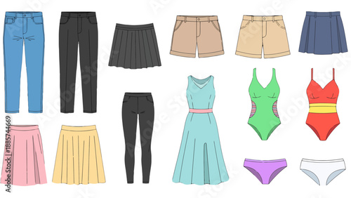 Flat vector illustration of diverse womens clothing collection featuring pants skirts shorts dress swimsuits and underwear.